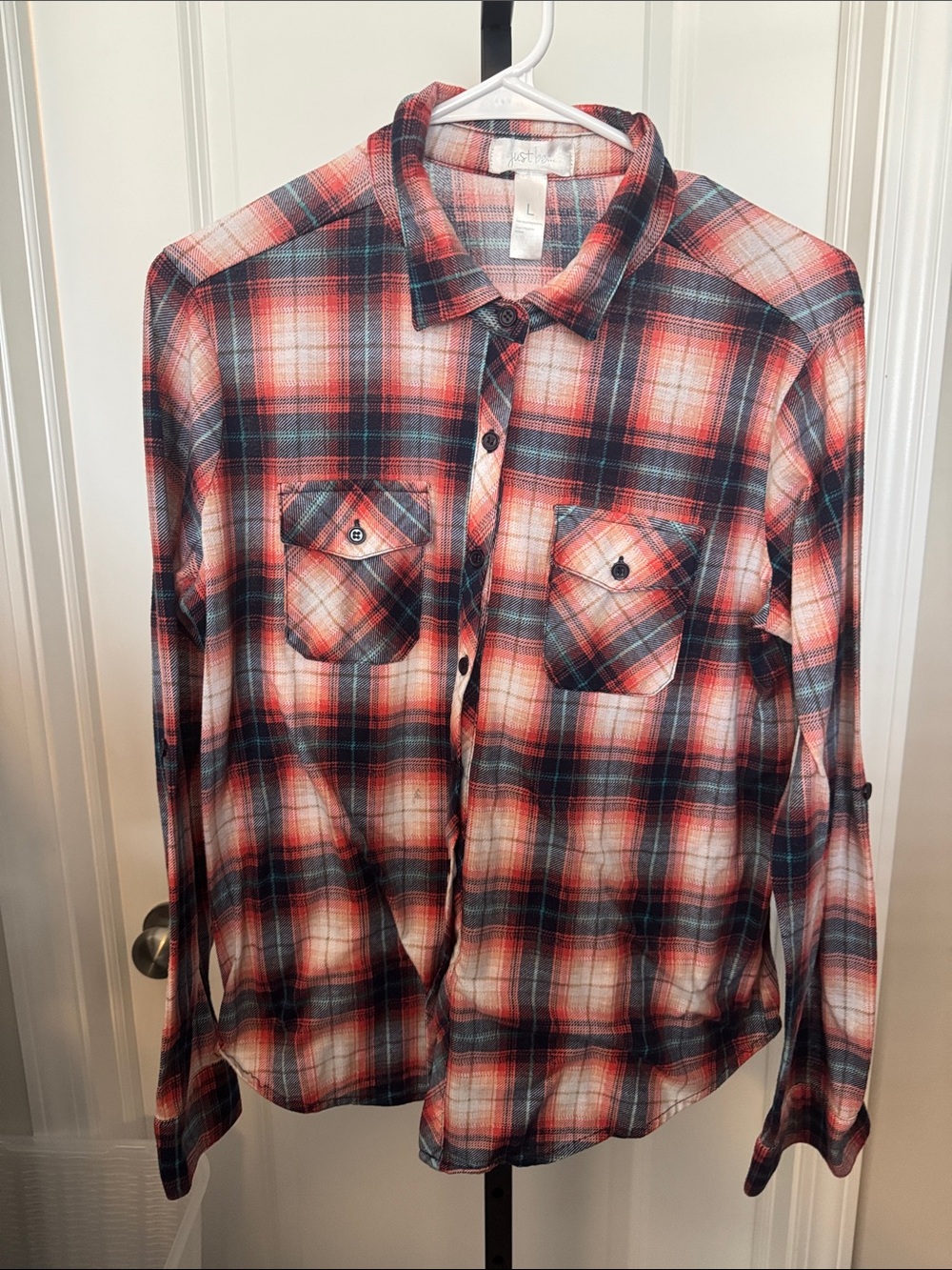 just be Red Black White Plaid Button-Down Shirt